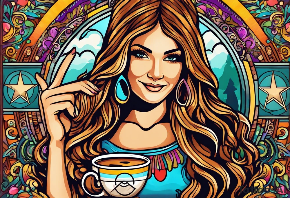 Groovy Coffee shop logo with hippie girl holding a peace sign on hand, peace sign on coffee mug tattoo idea