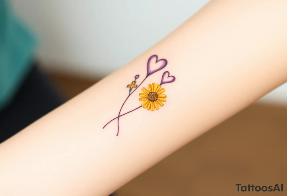simple with Purple Hearts with yellow daisy with cross tattoo idea
