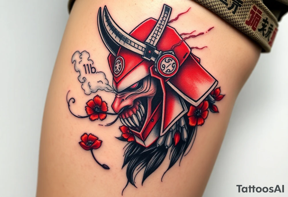 Rouge ronin with smoke coming out of its mouth with 11b tattooed under its left eye with 1 poppy on each side of the ronin tattoo idea