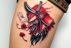 Rouge ronin with smoke coming out of its mouth with 11b tattooed under its left eye with 1 poppy on each side of the ronin tattoo idea