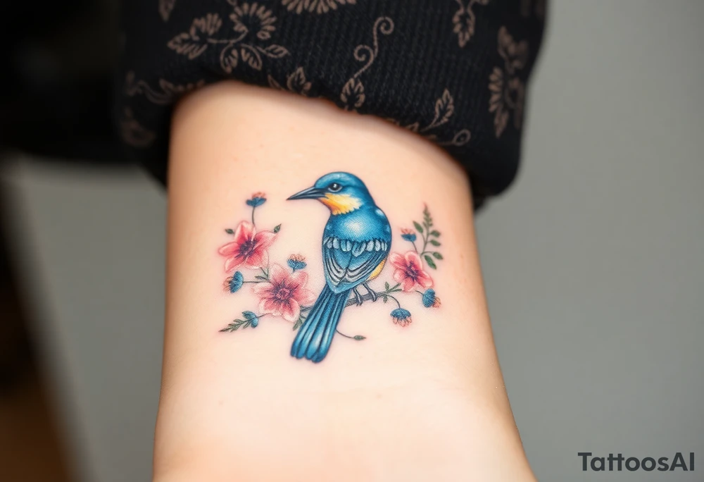 powerful majestic bluebird surrounded by wild flowers tattoo idea