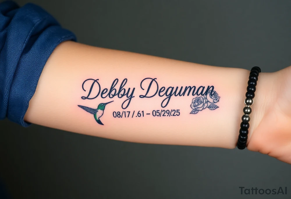 Tattoo of the exact name Debby Deguzman in chunky curly cursive with the exact dates of 08/17/61-05/29/25 surrounded by 1 hummingbird and 1 rose tattoo idea