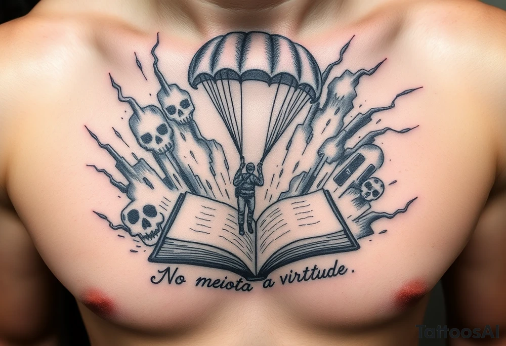 A parachuting soldier landing into an open book. Chaos surrounding, but the book is protecting the soldier from it. On the chest. Make the tattoo smaller. Make it thought provoking. "No meio esta a virtude" underneath the book. Make the chaos in the environment be a thunderstorm tattoo idea