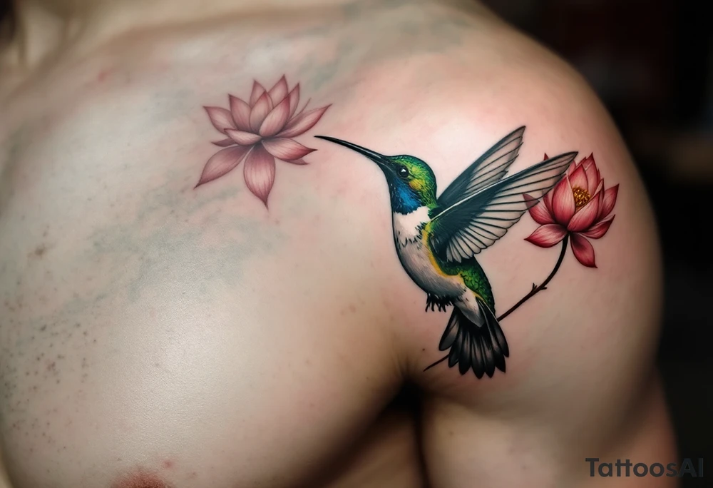 hummingbird drinking from lotus flower (Red and black colors only) tattoo idea