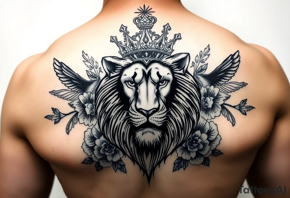 powerful majestic lion with a crown, surrounded by floral ornaments and birds tattoo idea