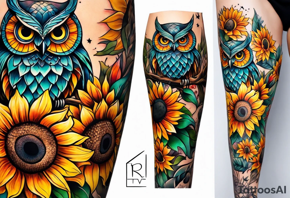 Leg sleeve with colorful sunflowers and an owl tattoo idea