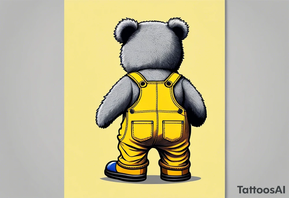 the back of a grey teddy bear standing in yellow overalls, no shirt and striped boots tattoo idea