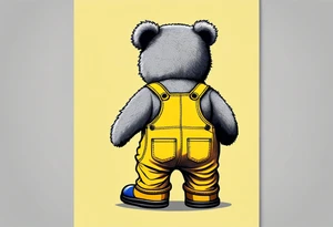 the back of a grey teddy bear standing in yellow overalls, no shirt and striped boots tattoo idea