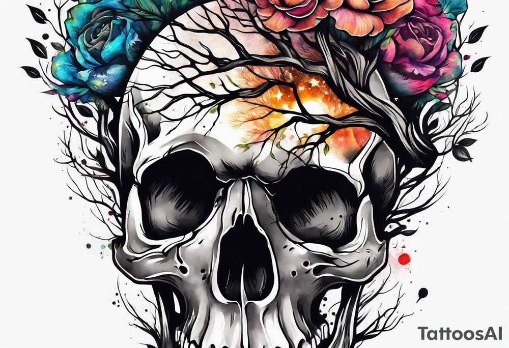 Tree of life growing out of skull tattoo idea