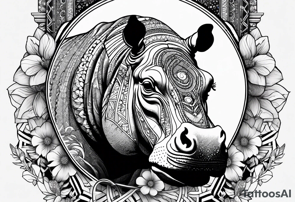 Hippo, flowers, moon, fine lines, tribal, geometric tattoo idea