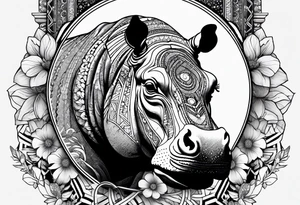 Hippo, flowers, moon, fine lines, tribal, geometric tattoo idea