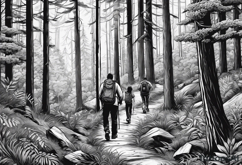 A man  with his family hiking through the Forrest. Add Mexican American tone tattoo idea