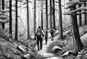 A man  with his family hiking through the Forrest. Add Mexican American tone tattoo idea
