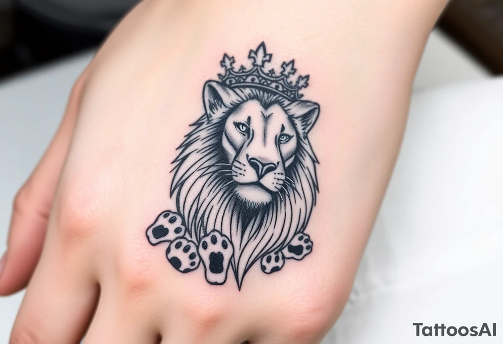 powerful goregous
 lioness with a crown, surrounded by cub prints tattoo idea