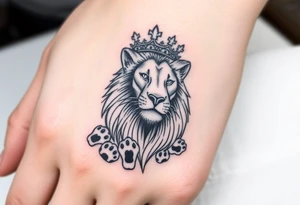 powerful goregous
 lioness with a crown, surrounded by cub prints tattoo idea