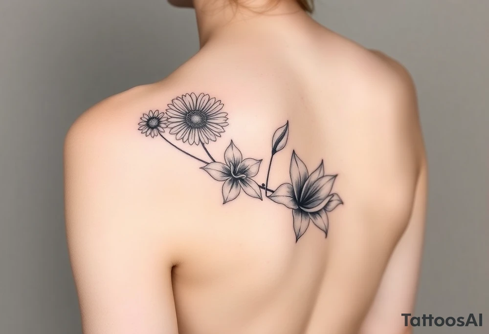 This tattoo is on a woman. It is a line of flowers connected by a single stem. It starts on her left pectoral with a Glaiolus and Daisy together, then the tatoo rises over the left shoulder and down the arm and ends at the elbow. The tattoo will include a primrose, Calla Lily, and a Lilly. It will be light on color except in the petals and has light shading to make it pop. tattoo idea