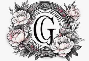 Initials G and J surrounded by peonies and ranunculus flowers tattoo idea