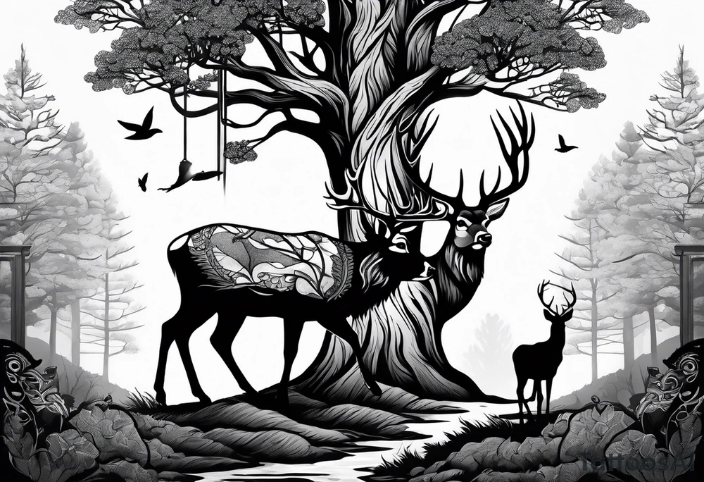 tree stand and a deer in front tattoo idea