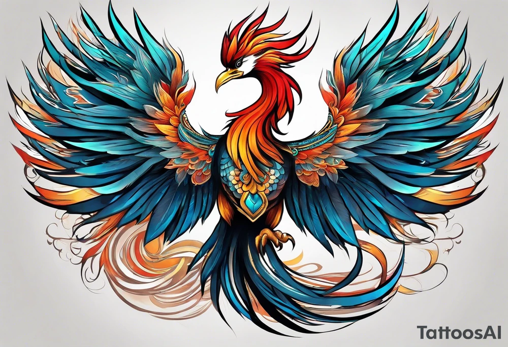 asian elegant long feathered phoenix
with a long neck, with no wings, graceful tattoo idea