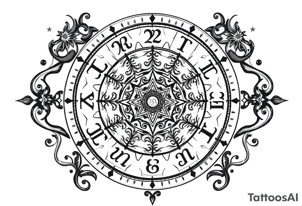 zodiac symbols runes within ornate clockwork mechanism tattoo idea