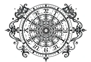 zodiac symbols runes within ornate clockwork mechanism tattoo idea