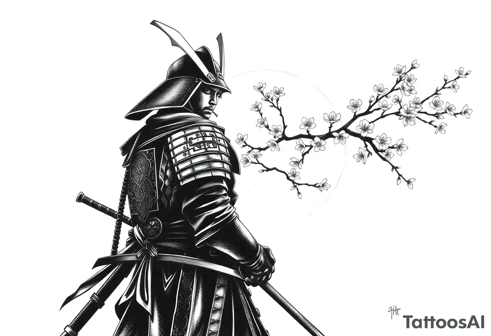 noble samurai warrior silhouette at sunset with cherry blossoms tattoo idea