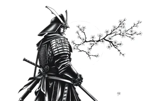 noble samurai warrior silhouette at sunset with cherry blossoms tattoo idea