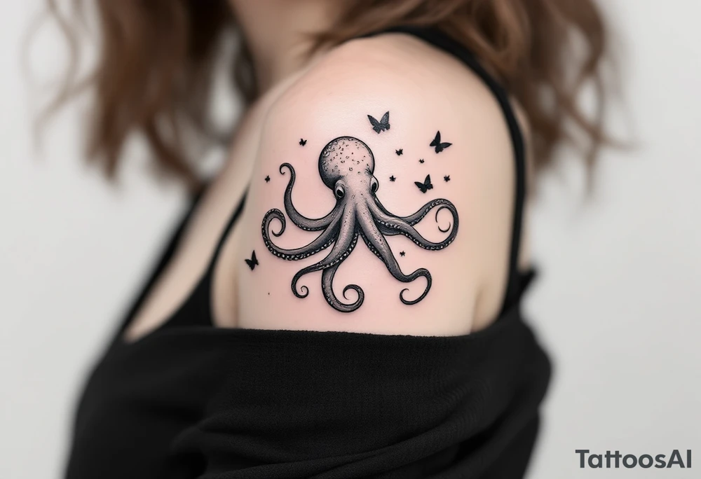 A small realistic black and grey tattoo of an octopus, cute, with detailed shading and soft linework, showing the octopus with swirling tentacles, on light skin. Butterflies flying around. The style is minimalistic and elegant, resembling fine-line tattoo with a shadow tattoo idea