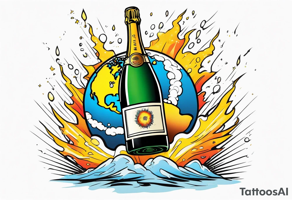 A champagne bottle exploding above the earth tattoo idea