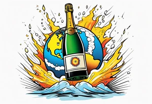 A champagne bottle exploding above the earth tattoo idea