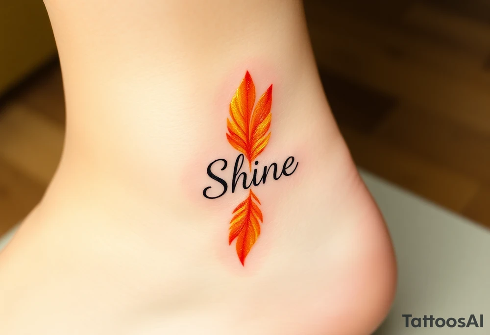 A golden yellow and fiery orange feather with a sunbeam effect, featuring the word "Shine", representing radiance and warmth in a relationship tattoo idea