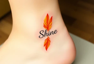 A golden yellow and fiery orange feather with a sunbeam effect, featuring the word "Shine", representing radiance and warmth in a relationship tattoo idea