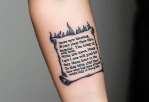 A large burning scroll of a bible scripture about new blessing and lost of a love one tattoo idea