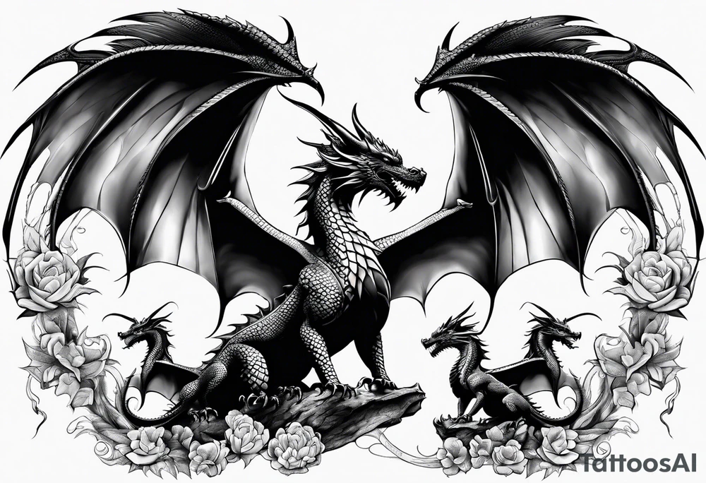 Family of five dragons, Mother with wings spread tattoo idea