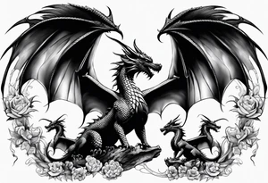 Family of five dragons, Mother with wings spread tattoo idea