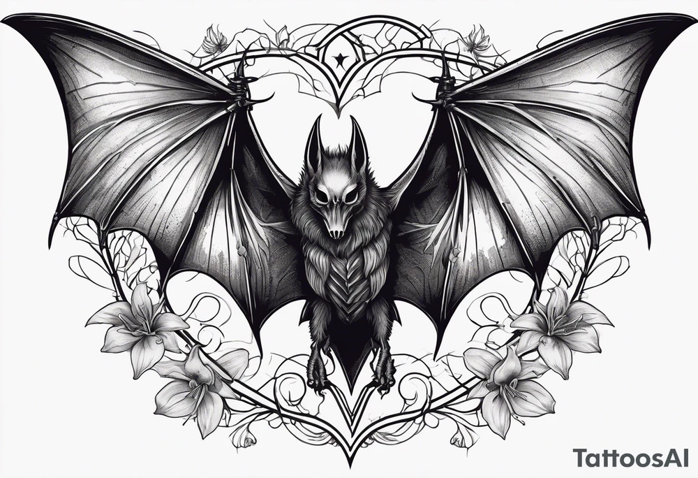 Evil bat holding a lycoris radiata, skeleton hands making heart shape with fingers around the bat, lycoris radiata accents surrounding the outside tattoo idea