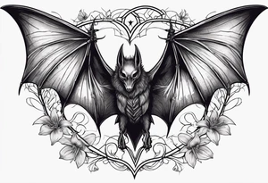 Evil bat holding a lycoris radiata, skeleton hands making heart shape with fingers around the bat, lycoris radiata accents surrounding the outside tattoo idea