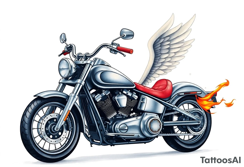 Low rider grey motorcycle, big muffler pipes with flames, angel wings, driving away, no person tattoo idea