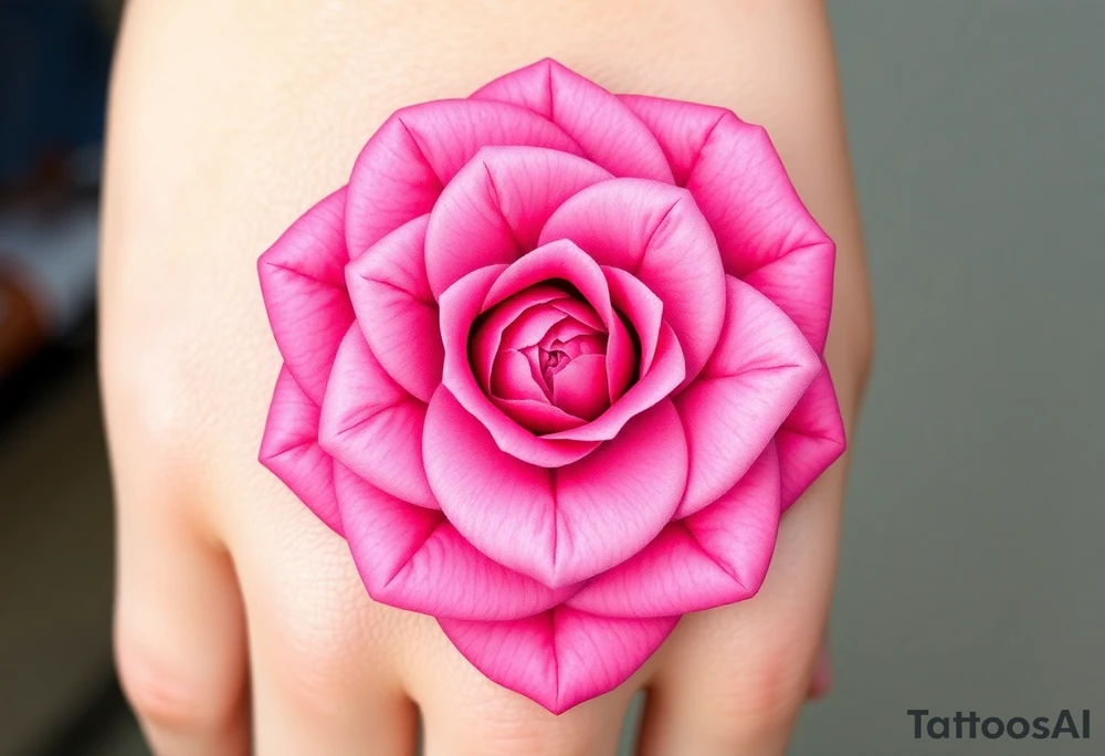 The pink rose appears as if viewed through a mesmerizing kaleidoscope, with its delicate petals radiating outward in a perfectly symmetrical, fractal-like pattern. Shades of soft blush and vibrant magenta blend seamlessly, creating a hypnotic, almost surreal visual effect that draws the eye deeper into its intricate layers. The petals seem to fold and reflect infinitely, forming geometric shapes that shift and transform, giving the rose an ethereal, dreamlike quality. tattoo idea