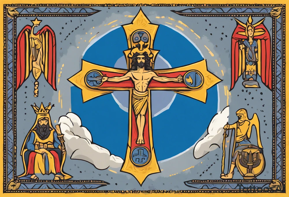 A medieval cross with an assyrian flag in the middle. A crown om top of the cross. The assyrian king Sennacherib. A sun and a moon. A cloud with rain and thunder. charizard. an imperfect cirkle. a candle. a swan. lemons. the god asshur with wings. an ankh. angel wings with a halo. surrounded by olive branches and feathers. tattoo idea