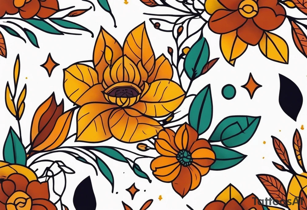 Knee tattoo with fall colors, flowers, skulls and geometric shapes. tattoo idea