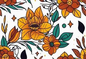 Knee tattoo with fall colors, flowers, skulls and geometric shapes. tattoo idea