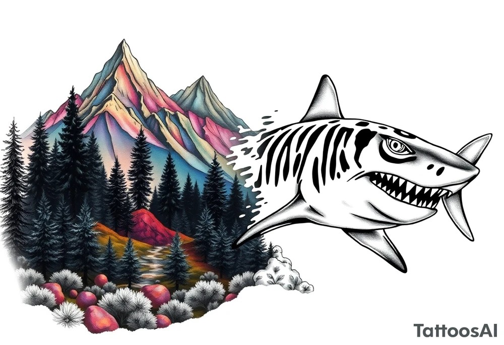 forest mountains in color and tiger shark in black and white tattoo idea