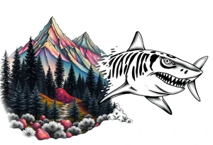 forest mountains in color and tiger shark in black and white tattoo idea