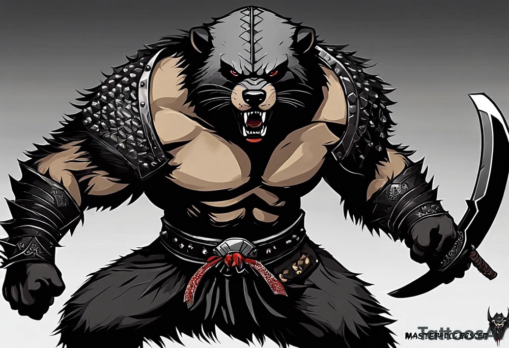 Draw me psychopath Fearless Honey Badger/Berserker with aggressive full body, killer face with a scary smile, very long nails and he attacks like a Bloody Assassin/Warrior/Gladiator to us and also, he has very deadly looking. He fights with his nails only. Everybody scares after their first sight. Give me horror type Badger Tattoo. I want to see his Realistic full body with no weapons. You can show destruction at the back. tattoo idea