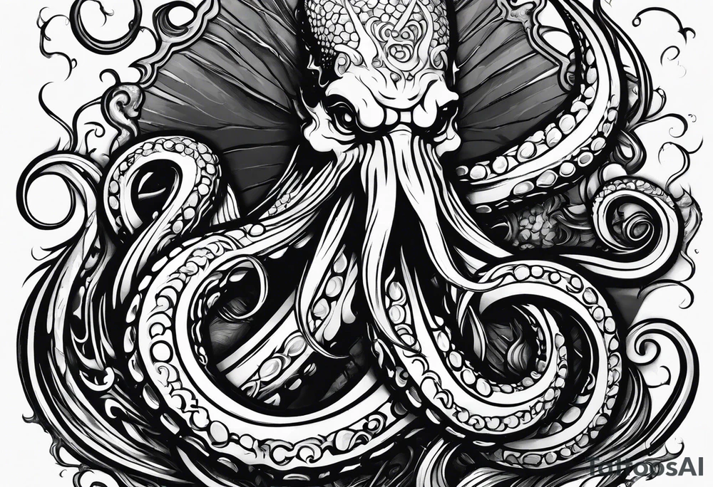 Kraken octopus wrapping tentacles Poseidon thrusting trident stormy sea tattoo idea
