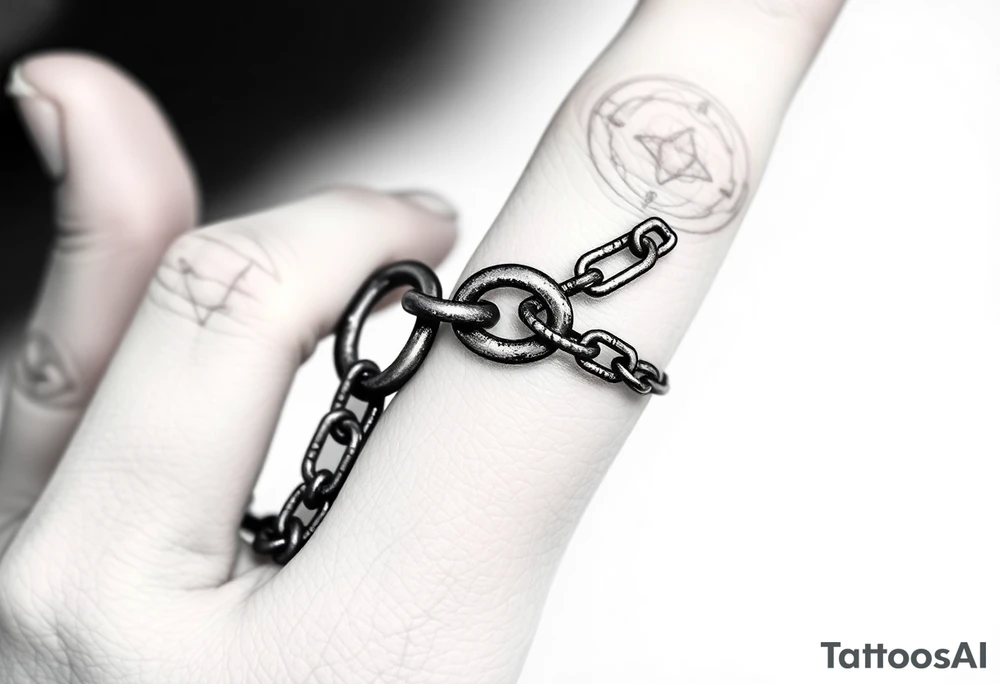 gothic chains intertwined on index finger and thumb connecting together from fingers tattoo idea