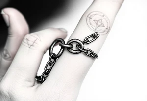 gothic chains intertwined on index finger and thumb connecting together from fingers tattoo idea