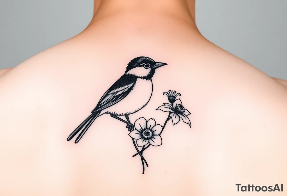 Small fantail bird with a poppy and a daffodil piwakaka tattoo idea