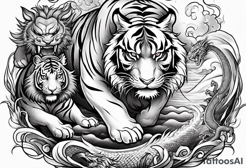 Tiger fighting a water dragon and lion tattoo idea